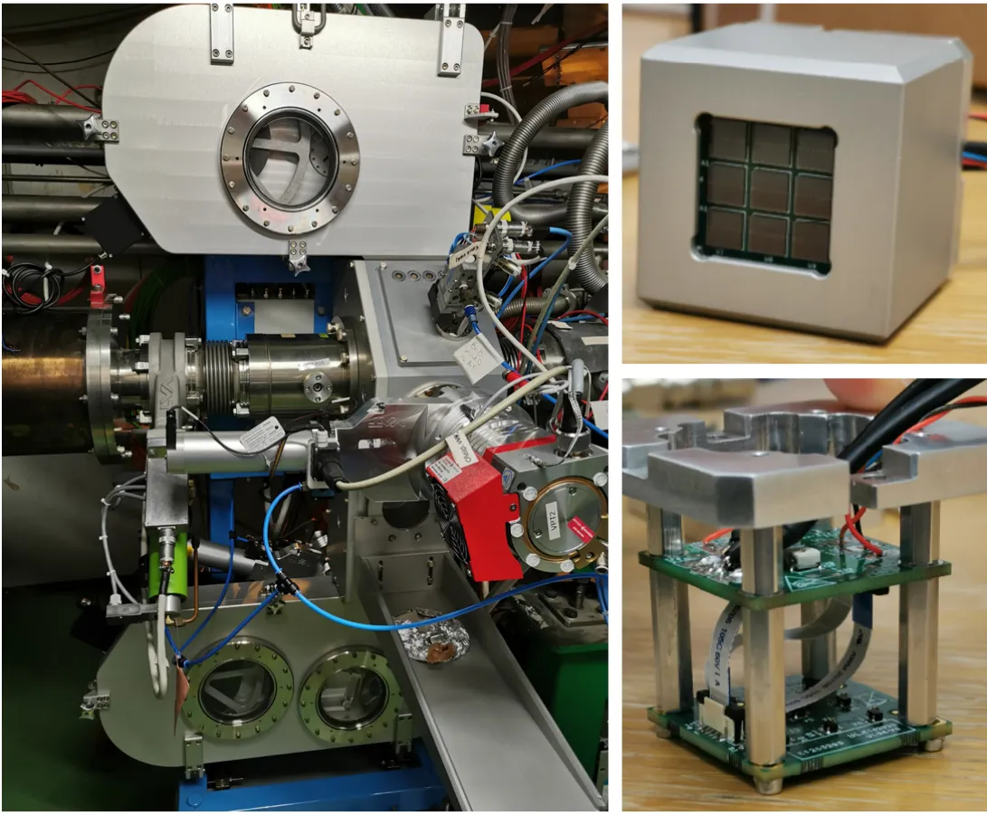 Figure  1:  (left)  The  Fast  Tapestation  installed  at  the  CA0beamline and (right) the new compact beta detectors basedon 3x3 SiPM arrays [2] coupled to 3 mm thick EJ200 plasticscintillators